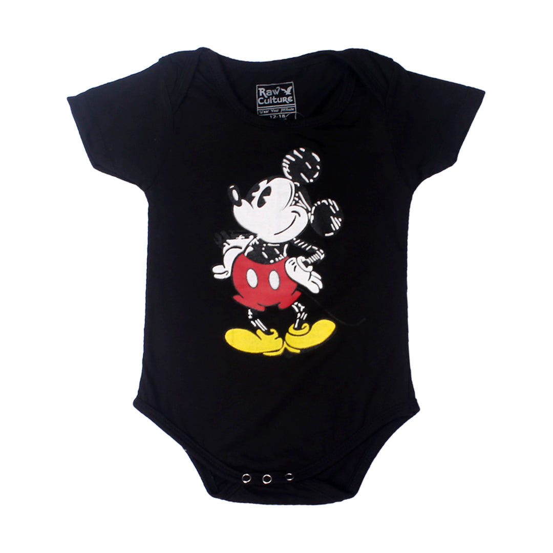 BLACK MICKEY MOUSE PRINTED HALF BODY HALF SLEEVES ROMPER