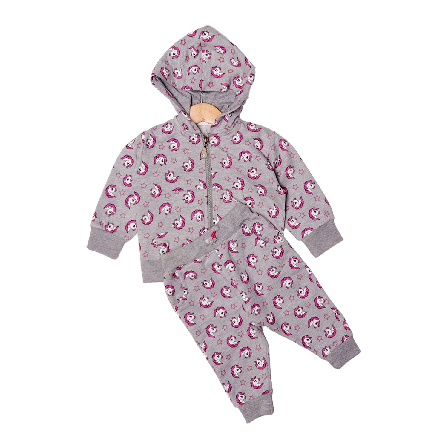 GREY UNICORN & STARS PRINTED WITH ZIPPER HOODIE SUIT FOR GIRLS