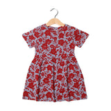 BLUE WITH RED FLOWERS PRINTED FROCK FOR GIRLS