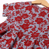 BLUE WITH RED FLOWERS PRINTED FROCK FOR GIRLS