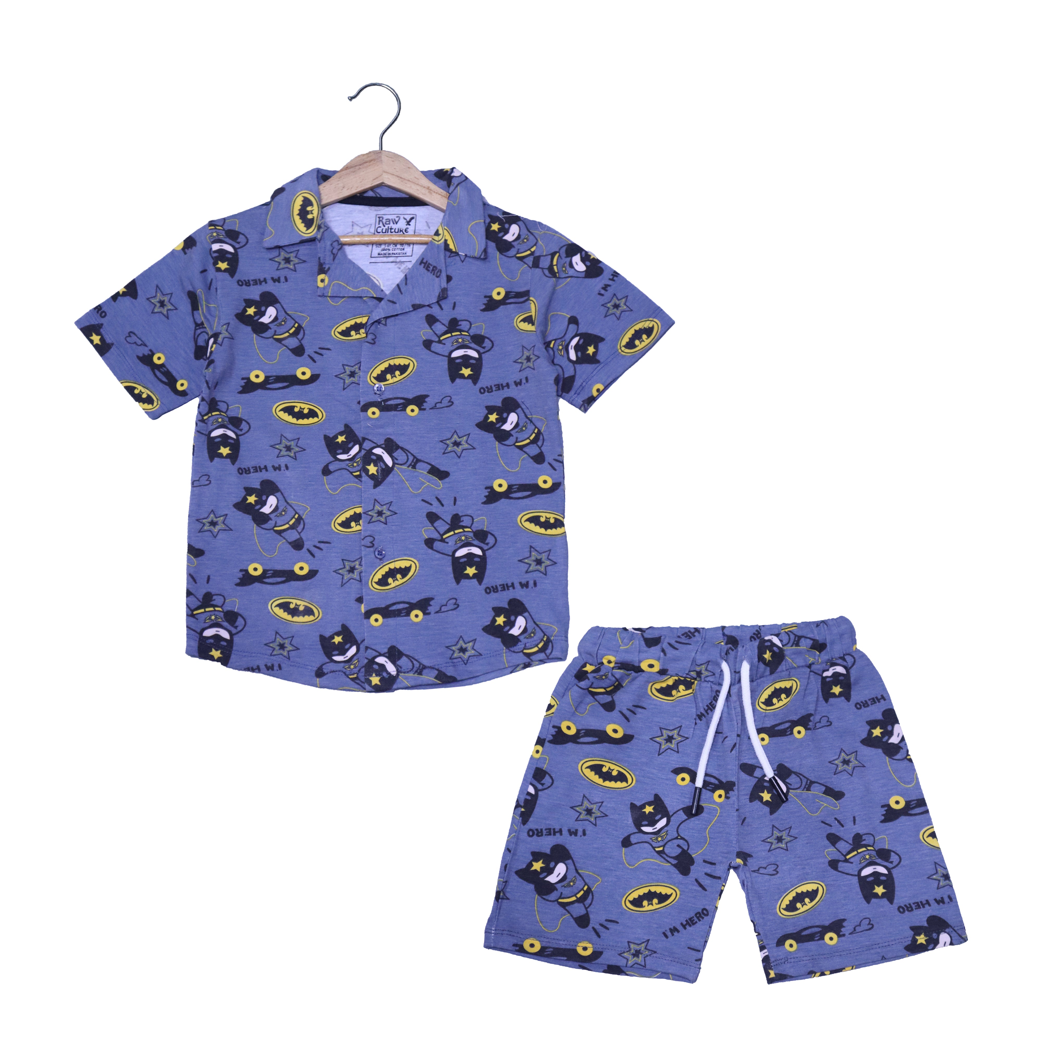 TEAL BLUE BAT MAN PRINT WITH SHORTS COTTON JERSY FABRIC BABA SUIT Secondary image