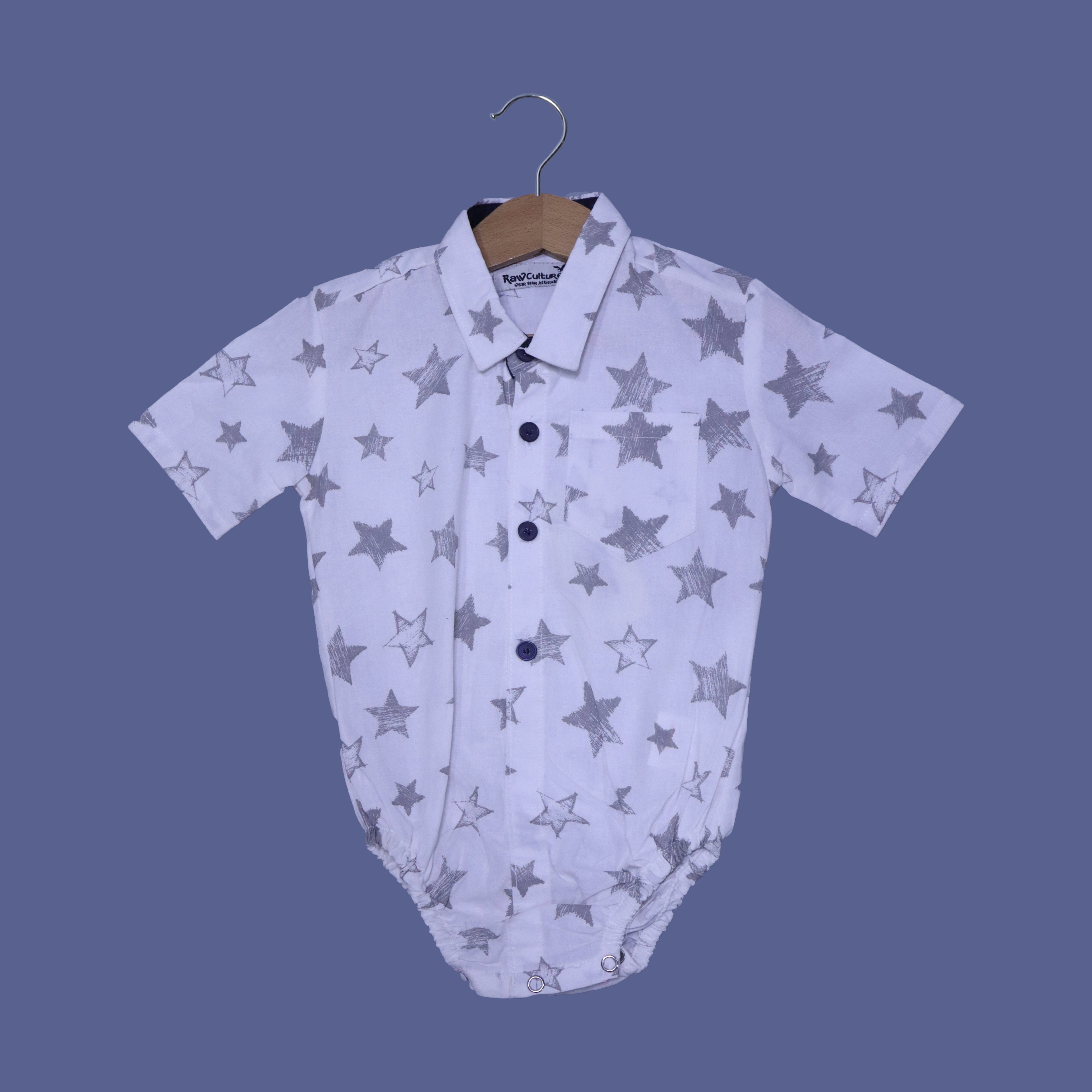 WHITE COTTON FABRIC STARS PRINT WITH COLLAR ROMPER
