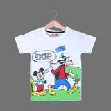 WHITE MICKEY & GOOFIE PRINTED HALF SLEEVES T-SHIRT