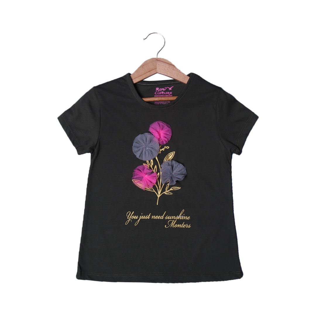 BOTTLE GREEN NET FLOWERS PRINTED T-SHIRT TOP FOR GIRLS