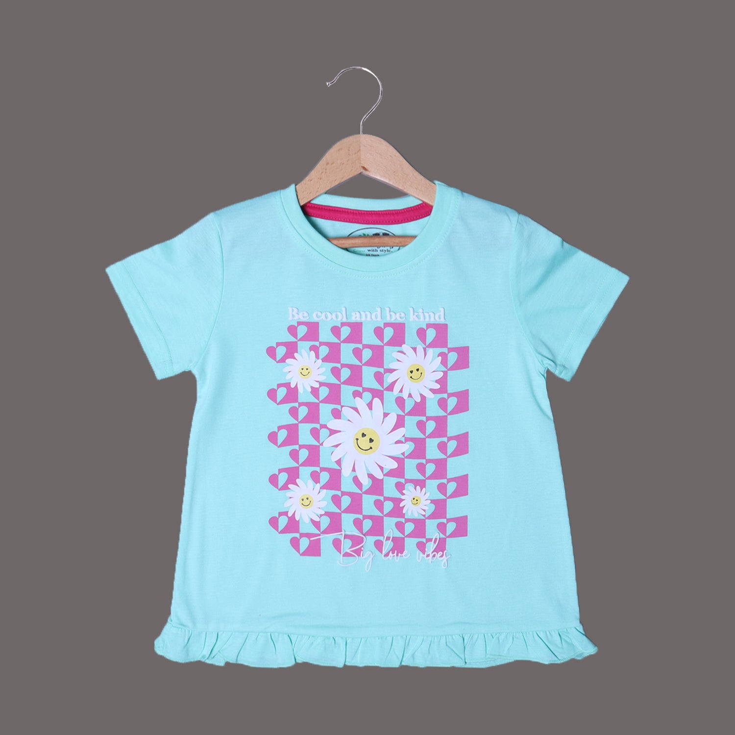 TURQUOISE BE COOL BE KIND FLOWERS PRINTED T-SHIRT TOP FOR GIRLS Secondary image