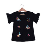 BLACK FLOWERS EMBROIDERED T-SHIRT TOP FOR GIRLS