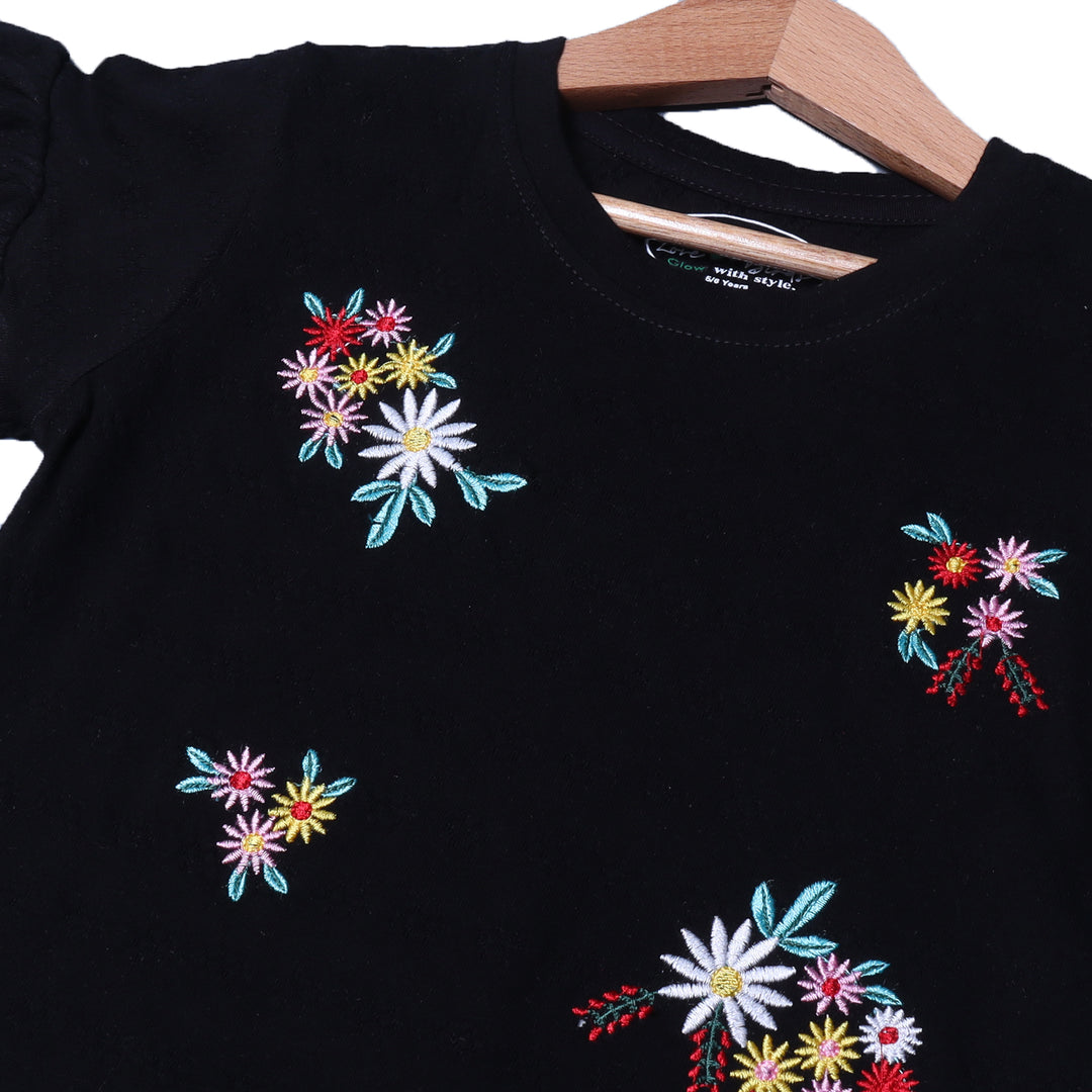 BLACK FLOWERS EMBROIDERED T-SHIRT TOP FOR GIRLS