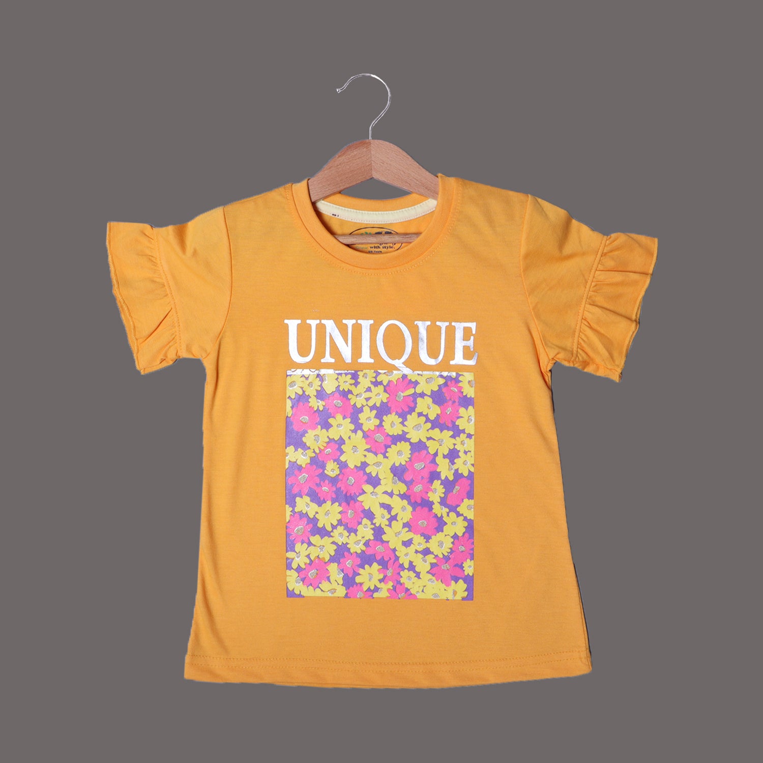 MUSTARD UNIQUE FLOWERS PRINTED T-SHIRT TOP FOR GIRLS Secondary image