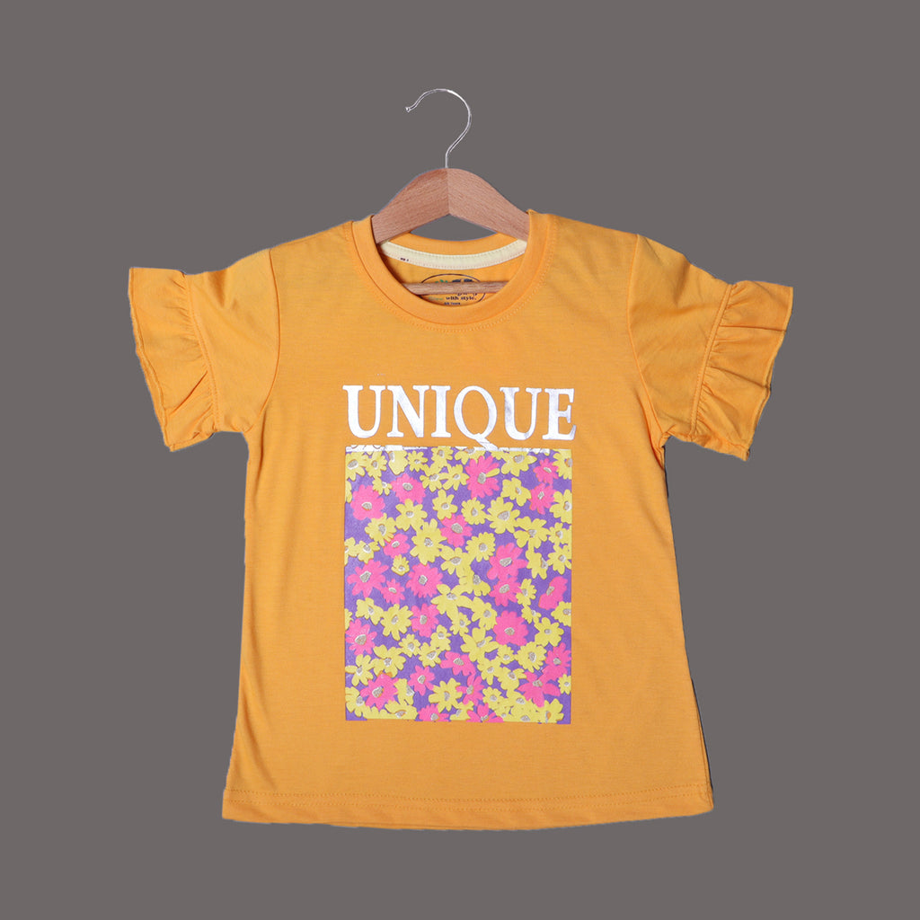 MUSTARD UNIQUE FLOWERS PRINTED T-SHIRT TOP FOR GIRLS