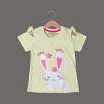Load image into Gallery viewer, YELLOW COLD SHOULDER HONEY BUNNY PRINTED T-SHIRT TOP FOR GIRLS
