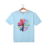 SKY BLUE "IN A WORLD FULL OF ROSES" PRINTED HALF SLEEVES T-SHIRT FOR WOMEN