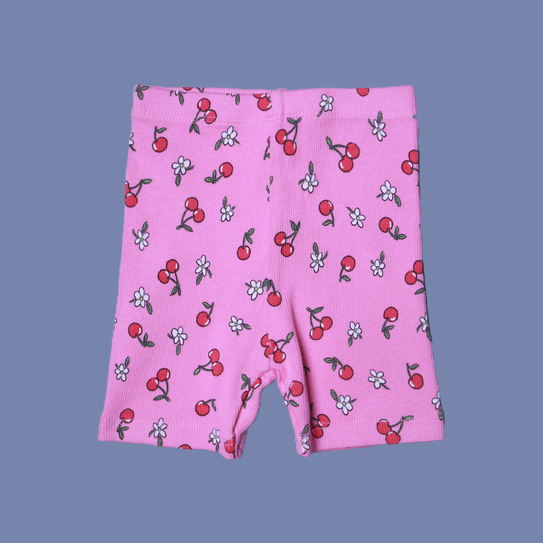 BLUSH PINK CHERRY PRINT RIBBED FABRIC 3 QUARTER PAJAMA TROUSER Main image