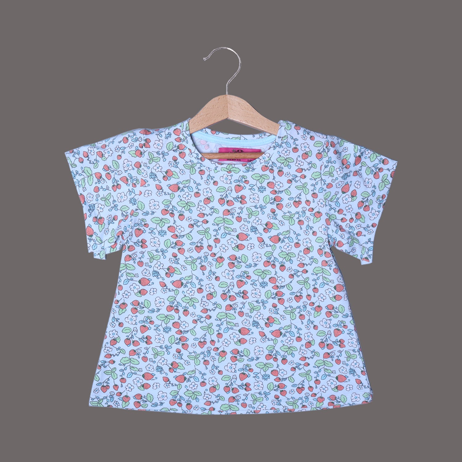 SKY BLUE STRAWBERRY PRINTED PLAIN SLEEVES T-SHIRT TOP FOR GIRLS Secondary image