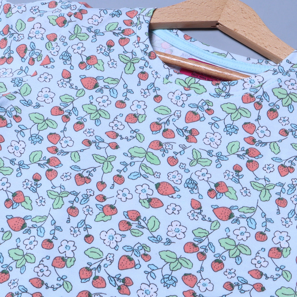 SKY BLUE STRAWBERRY PRINTED PLAIN SLEEVES T-SHIRT TOP FOR GIRLS