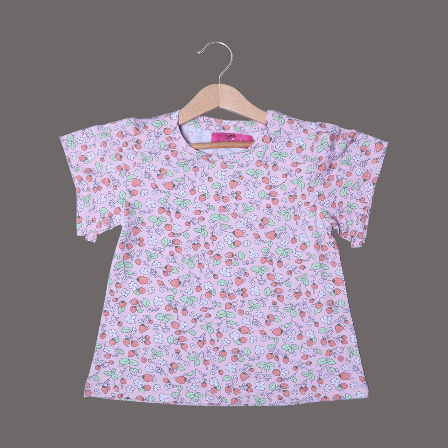 PINK WITH STRAWBERRY PRINTED PLAIN SLEEVES T-SHIRT TOP FOR GIRLS Secondary image