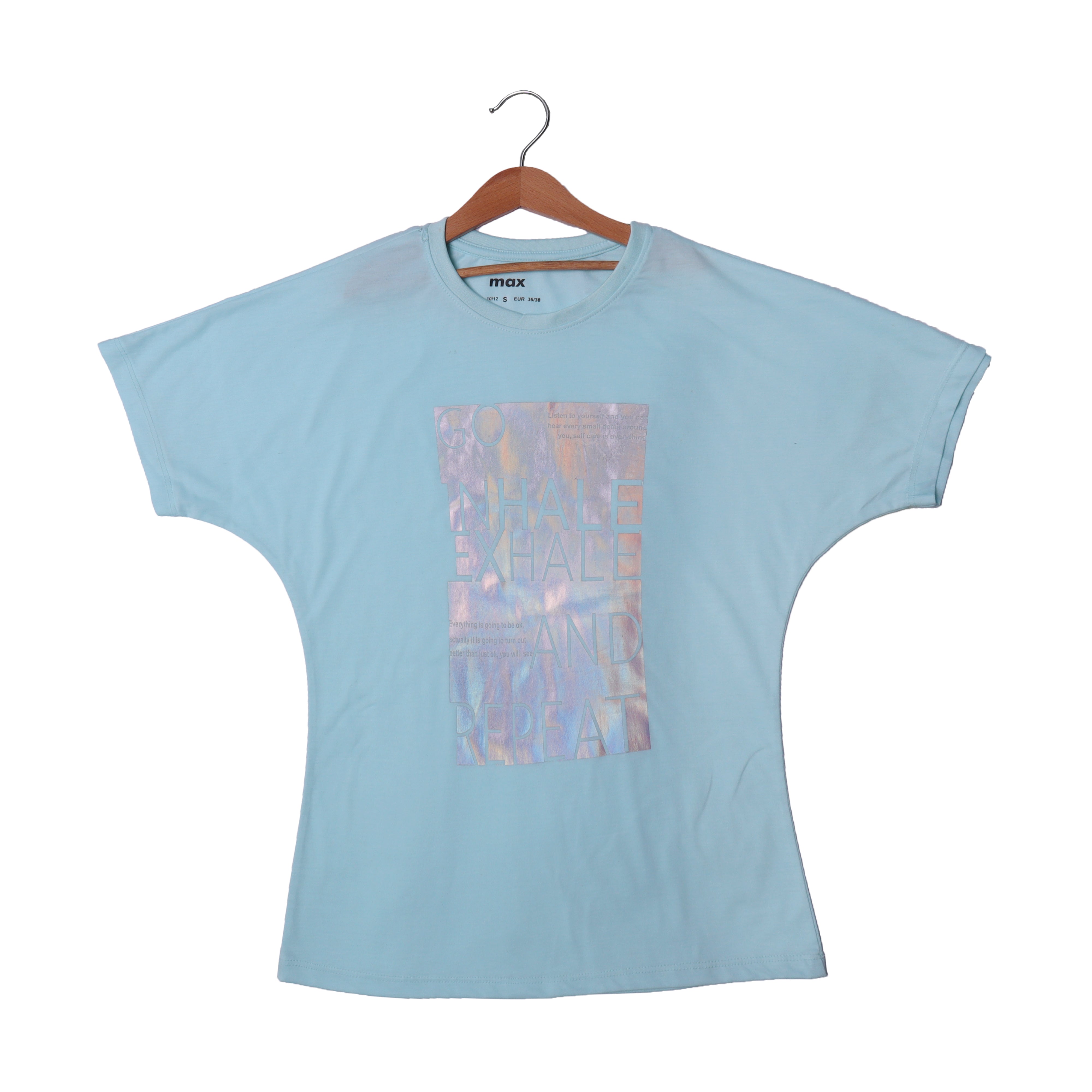 SKY BLUE "GO NHALE EXHATE" PRINTED HALF SLEEVES T-SHIRT FOR WOMEN