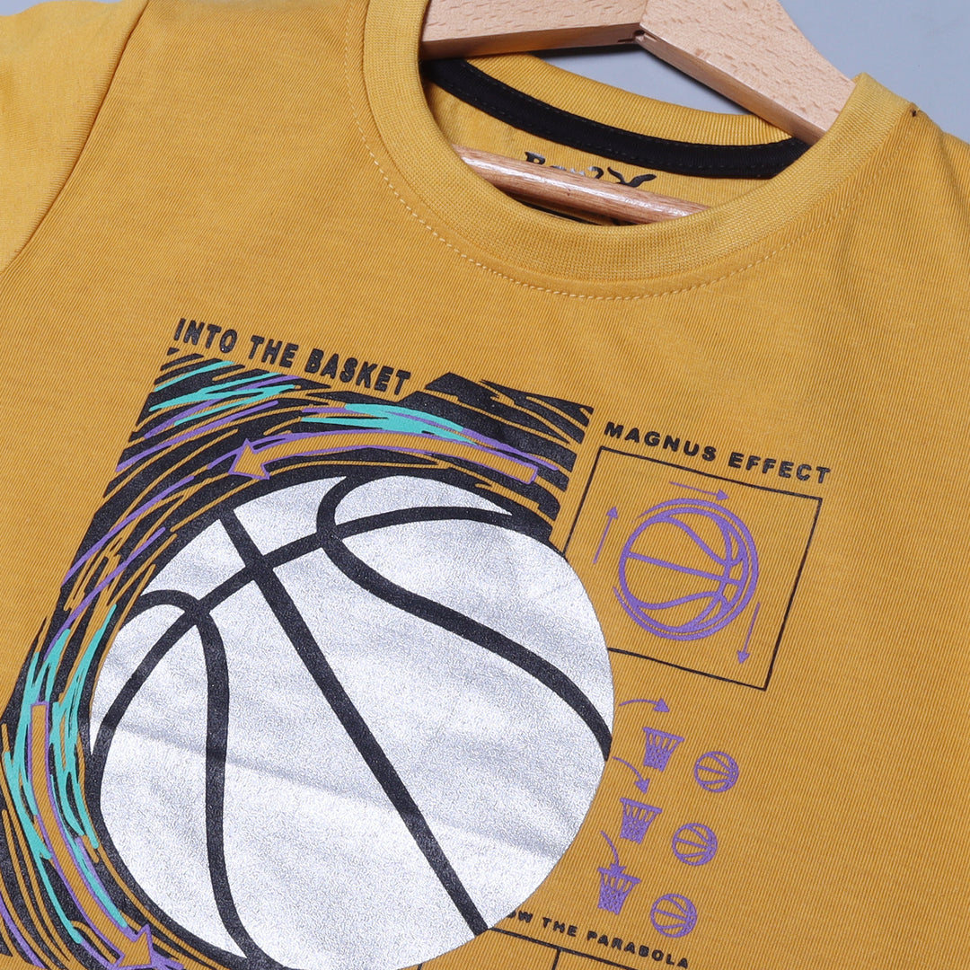 MUSTARD BASKET BALL PRINTED HALF SLEEVES T-SHIRT