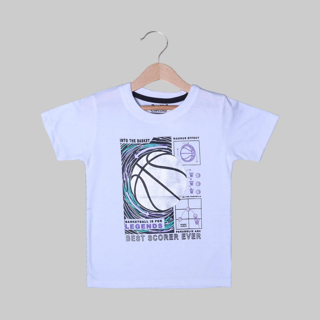 WHITE BASKET BALL PRINTED HALF SLEEVES T-SHIRT