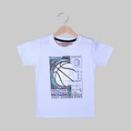 WHITE BASKET BALL PRINTED HALF SLEEVES T-SHIRT