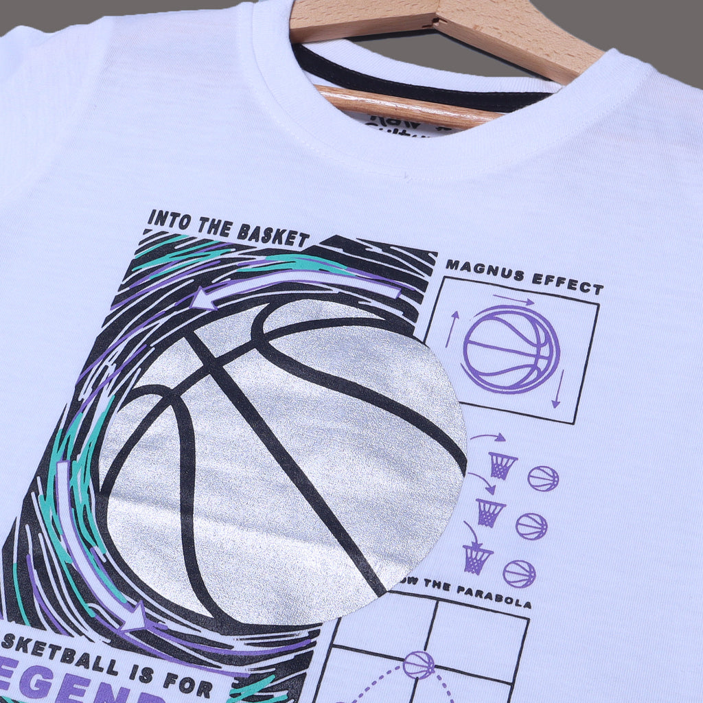 WHITE BASKET BALL PRINTED HALF SLEEVES T-SHIRT