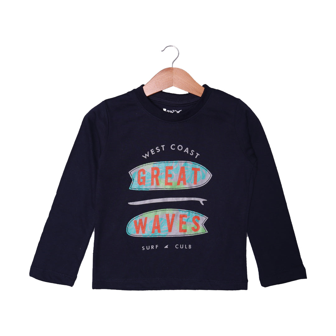 NAVY BLUE GREAT WAVES PRINTED FULL SLEEVES T-SHIRT