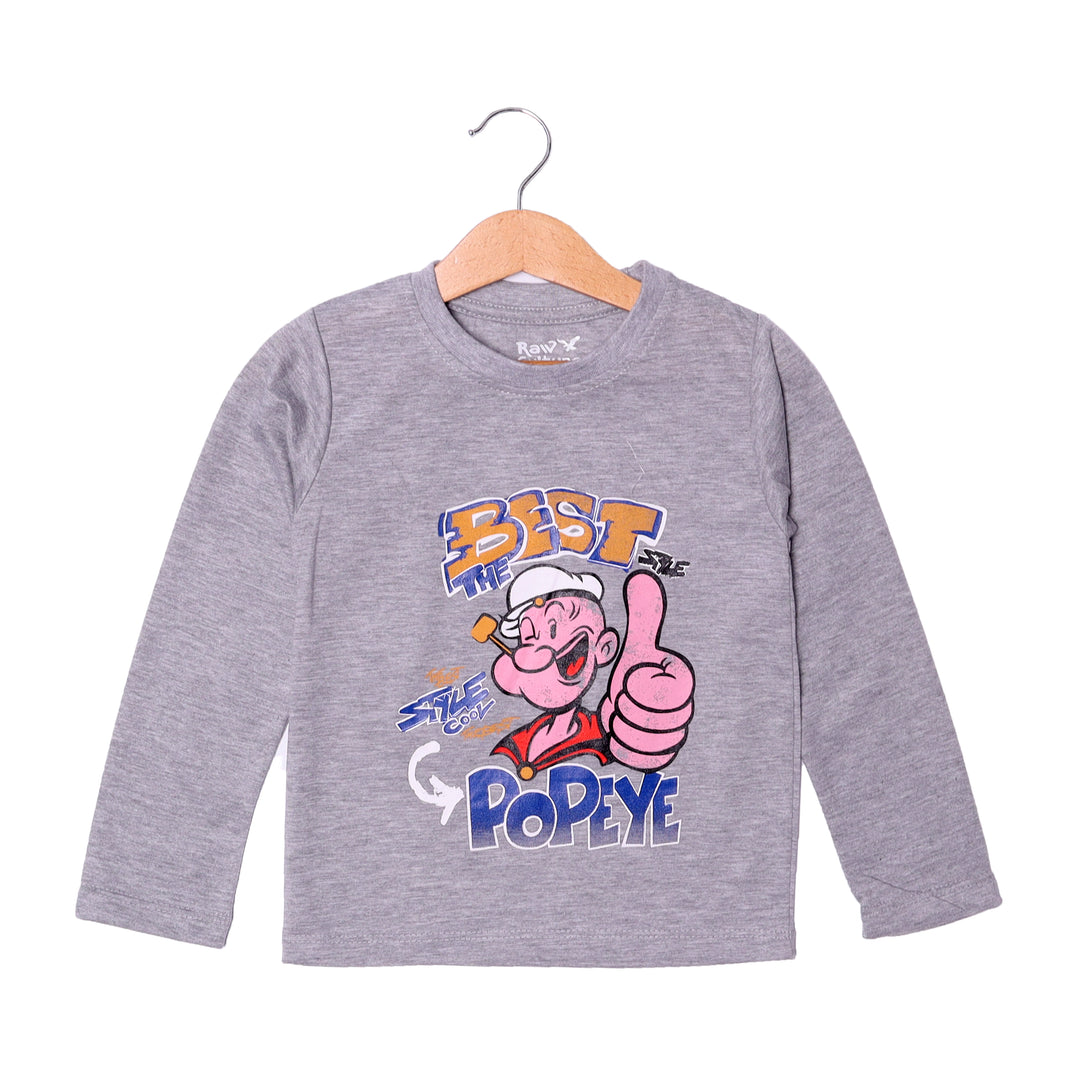 GREY THE BEST POPEYE PRINTED FULL SLEEVES T-SHIRT