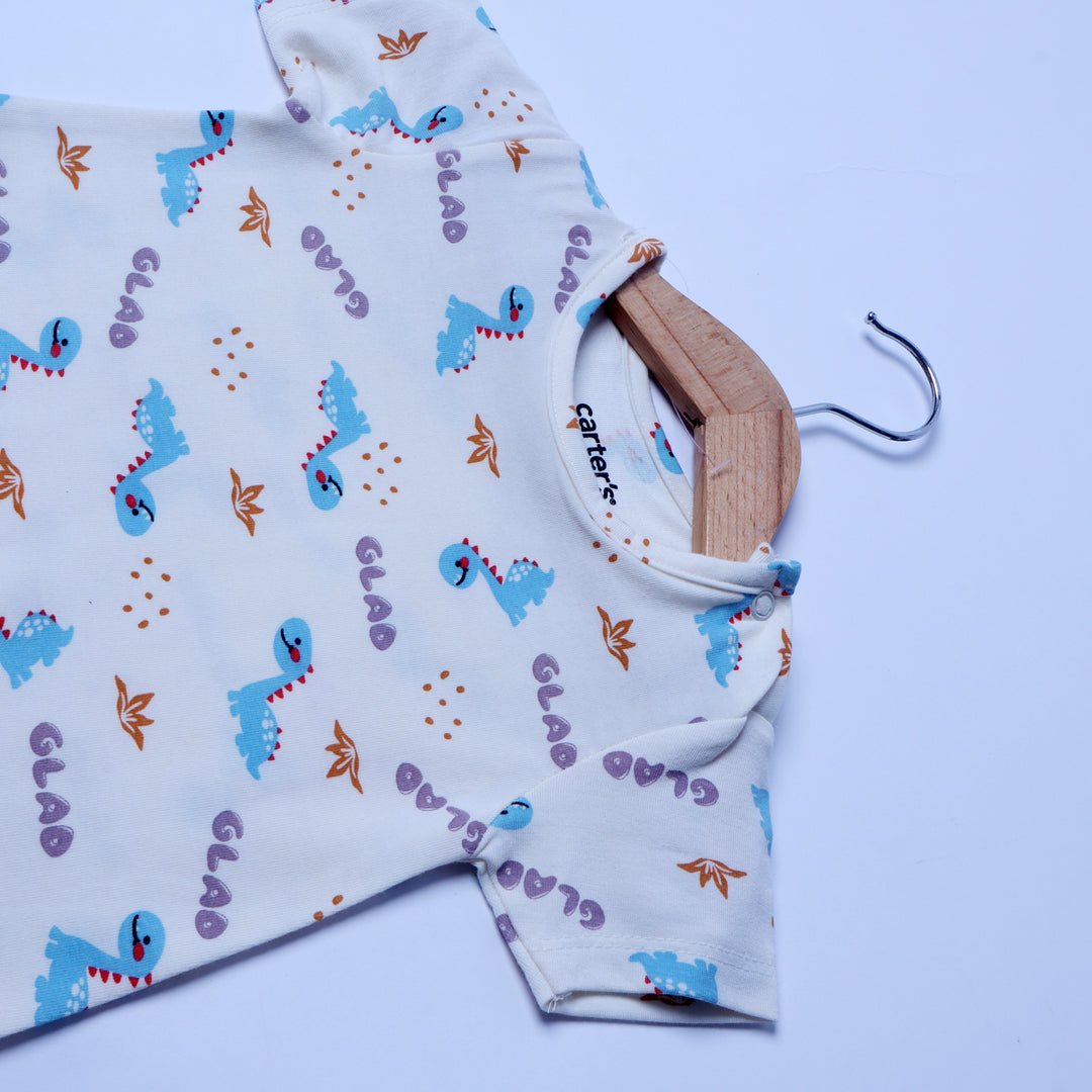 WHITE GLAD DINO PRINT HALF BODY ROMPER