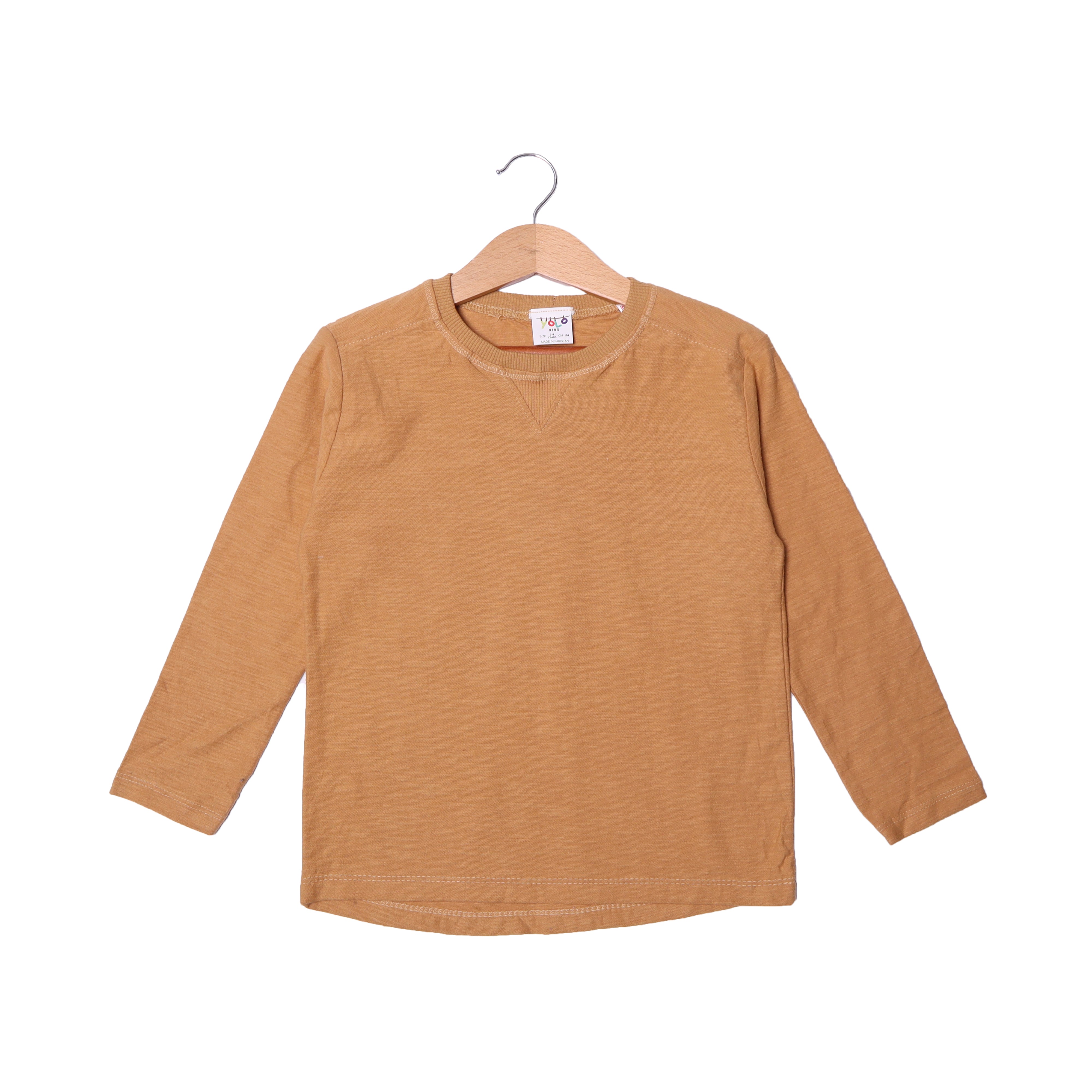 BROWN PLAIN RIBBED ROUND NECK FULL SLEEVES T-SHIRT