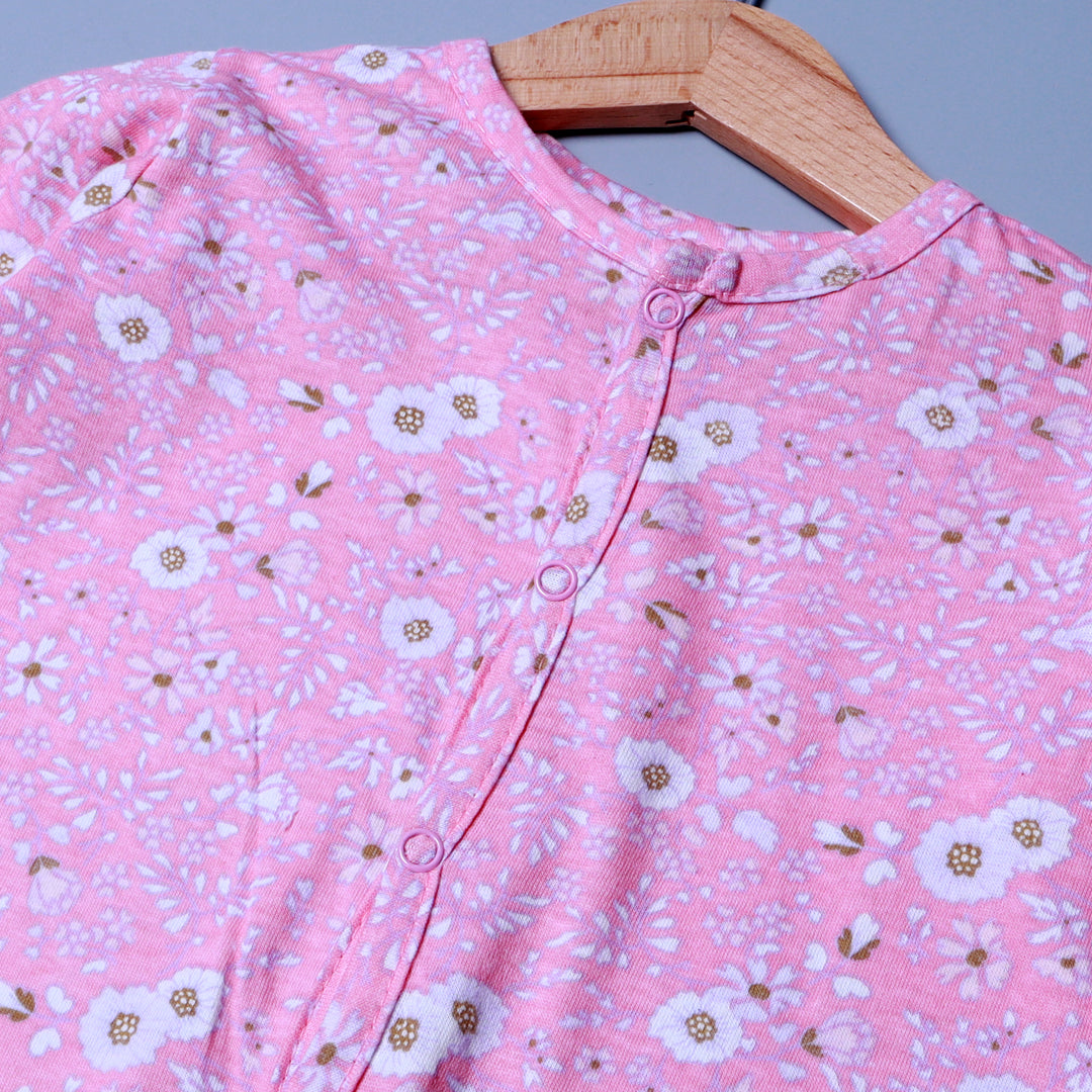 PINK FLOWERS PRINT COTTON JERSY FABRIC FULL BODY FULL SLEEVES ROMPER Secondary image