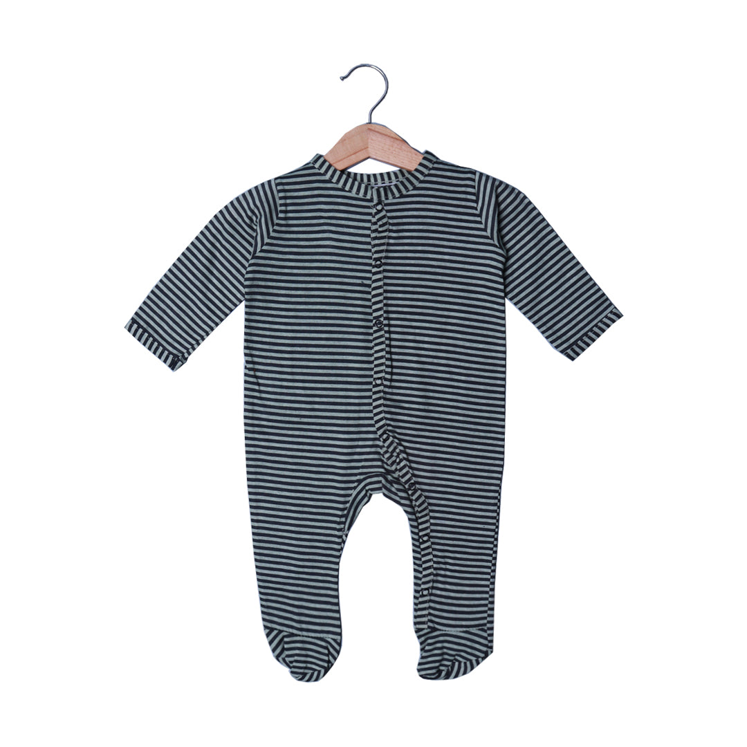GREEN WITH BLACK STRIPES COTTON JERSY FABRIC FULL BODY FULL SLEEVES ROMPER Secondary image