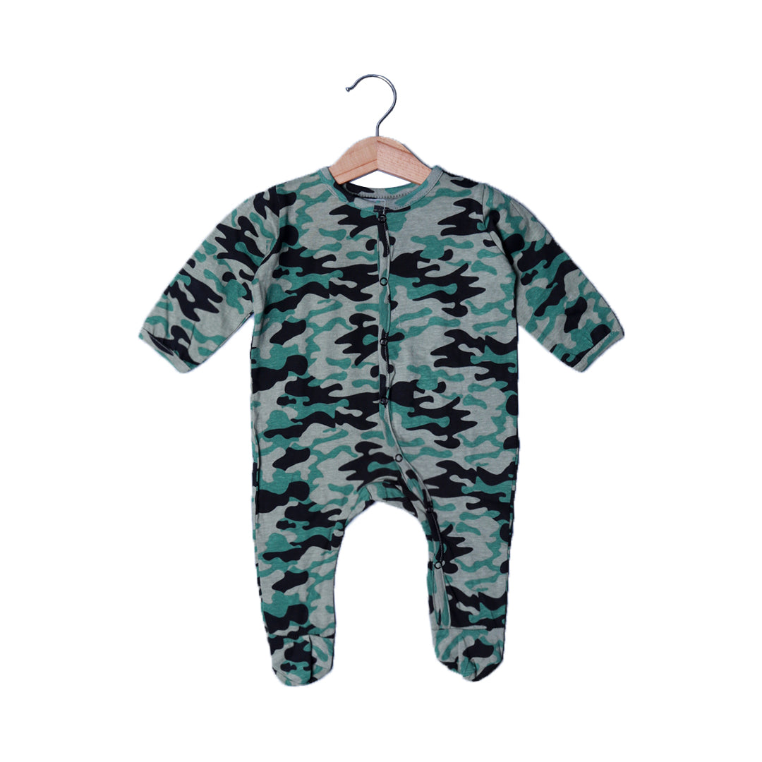 GREEN CAMOUFLAGE PRINT COTTON JERSY FABRIC FULL BODY FULL SLEEVES ROMPER Secondary image