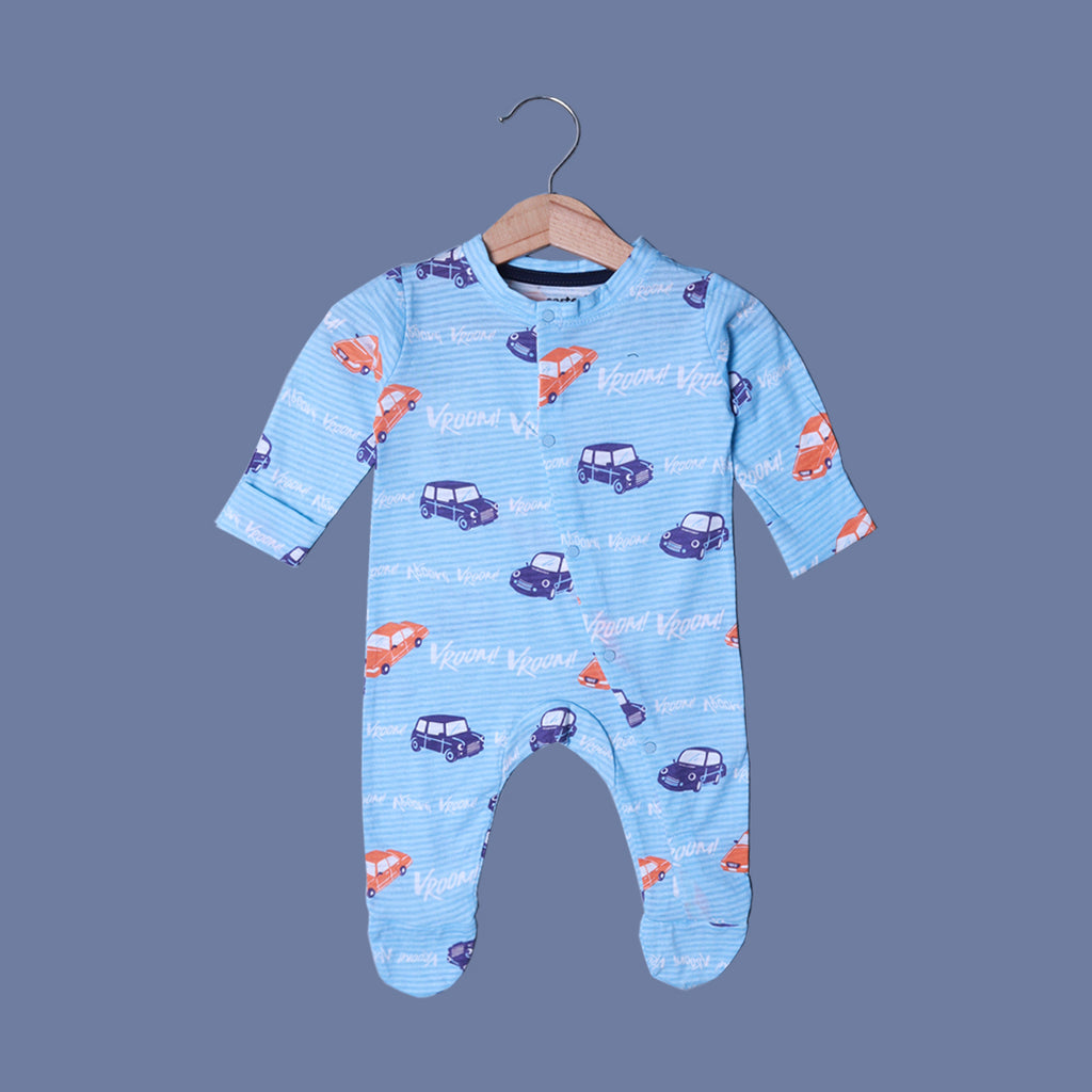 SKY BLUE CAR VROOM PRINT FULL BODY FULL SLEEVES ROMPERS