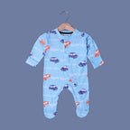 SKY BLUE CAR VROOM PRINT FULL BODY FULL SLEEVES ROMPERS
