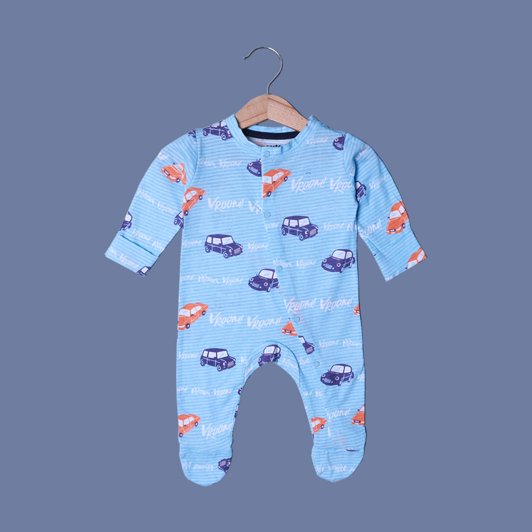 SKY BLUE CAR VROOM PRINT FULL BODY FULL SLEEVES ROMPERS