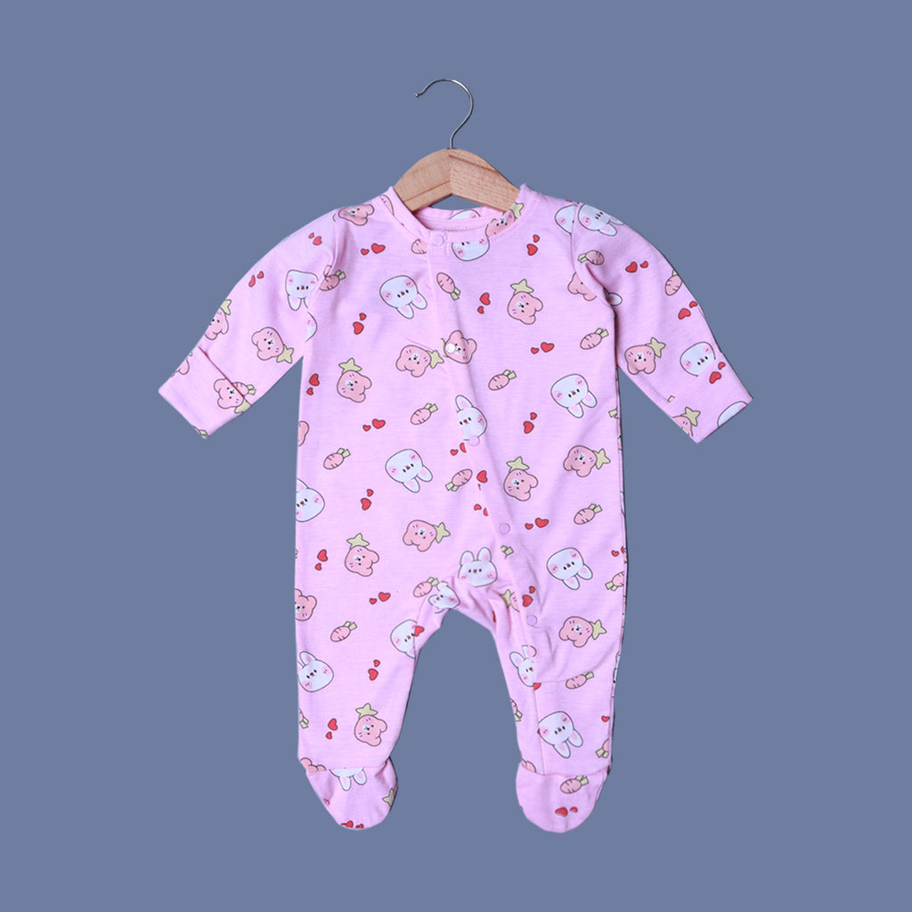 PINK KITTY & TEDDY FACE PRINT FULL BODY FULL SLEEVES ROMPERS
