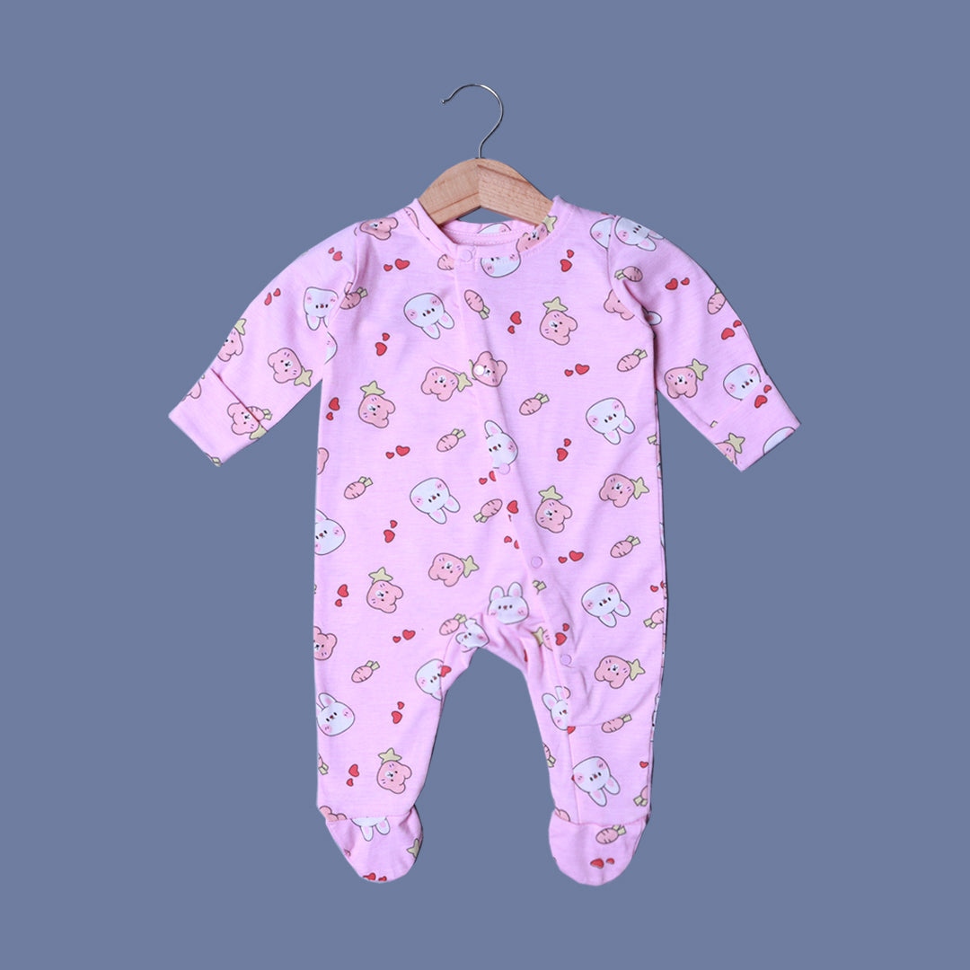 PINK KITTY & TEDDY FACE PRINT FULL BODY FULL SLEEVES ROMPERS