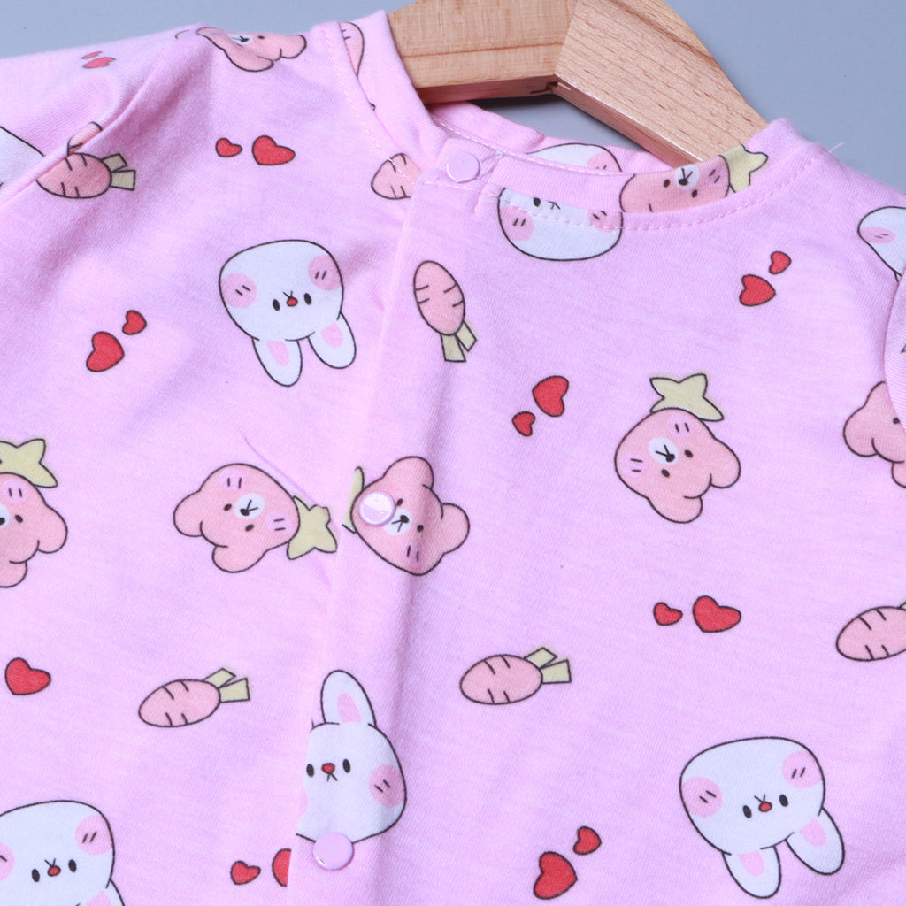 PINK KITTY & TEDDY FACE PRINT FULL BODY FULL SLEEVES ROMPERS