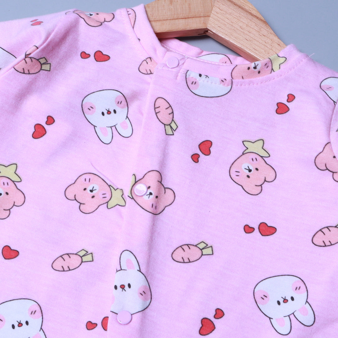 PINK KITTY & TEDDY FACE PRINT FULL BODY FULL SLEEVES ROMPERS