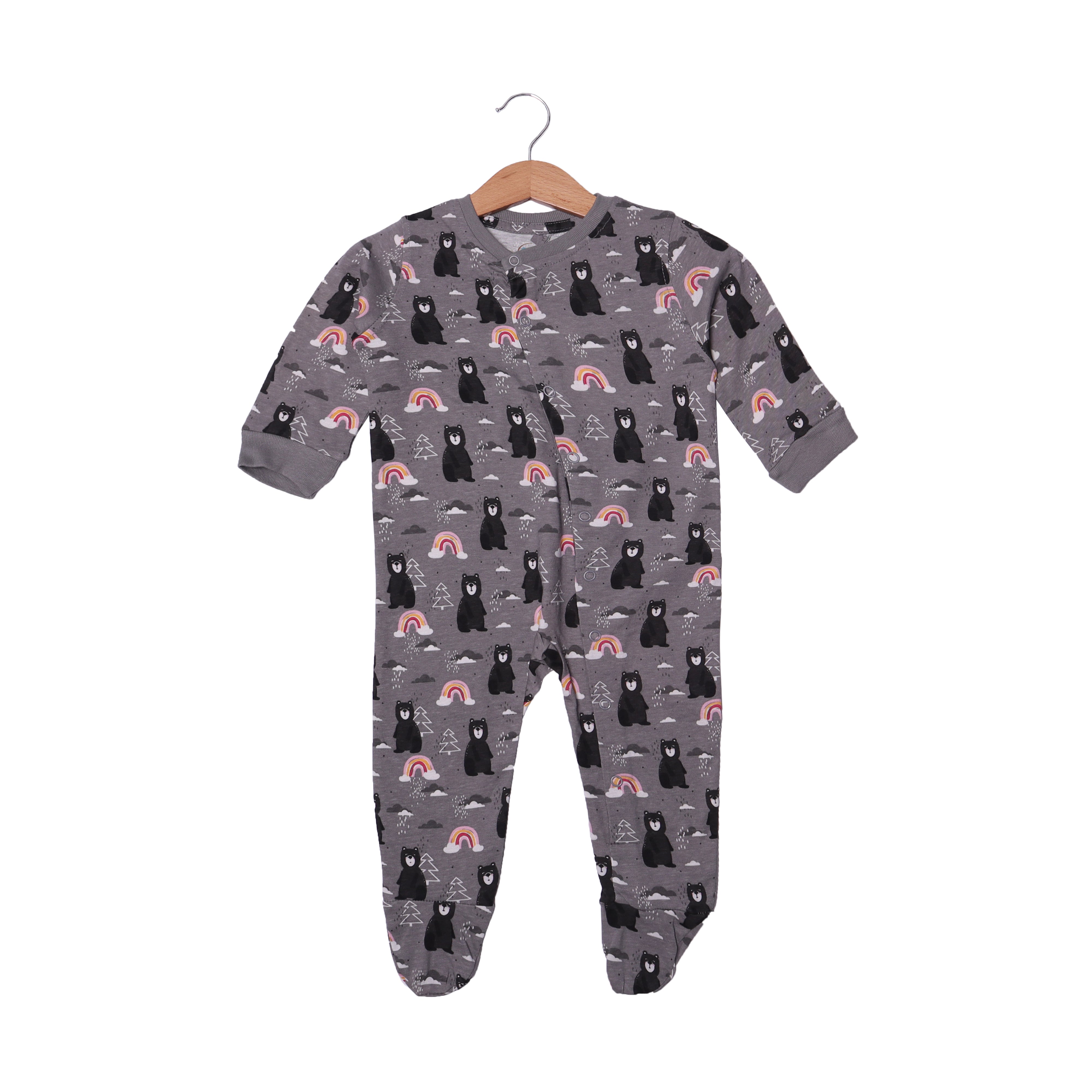 DARK GREY BEAR & RAINBOW PRINTED FULL BODY FULL SLEEVES ROMPERS Secondary image