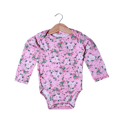 PINK BUTTERFLY & FLOWERS PRINT COTTON JERSY FABRIC HALF BODY FULL SLEEVES ROMPER
