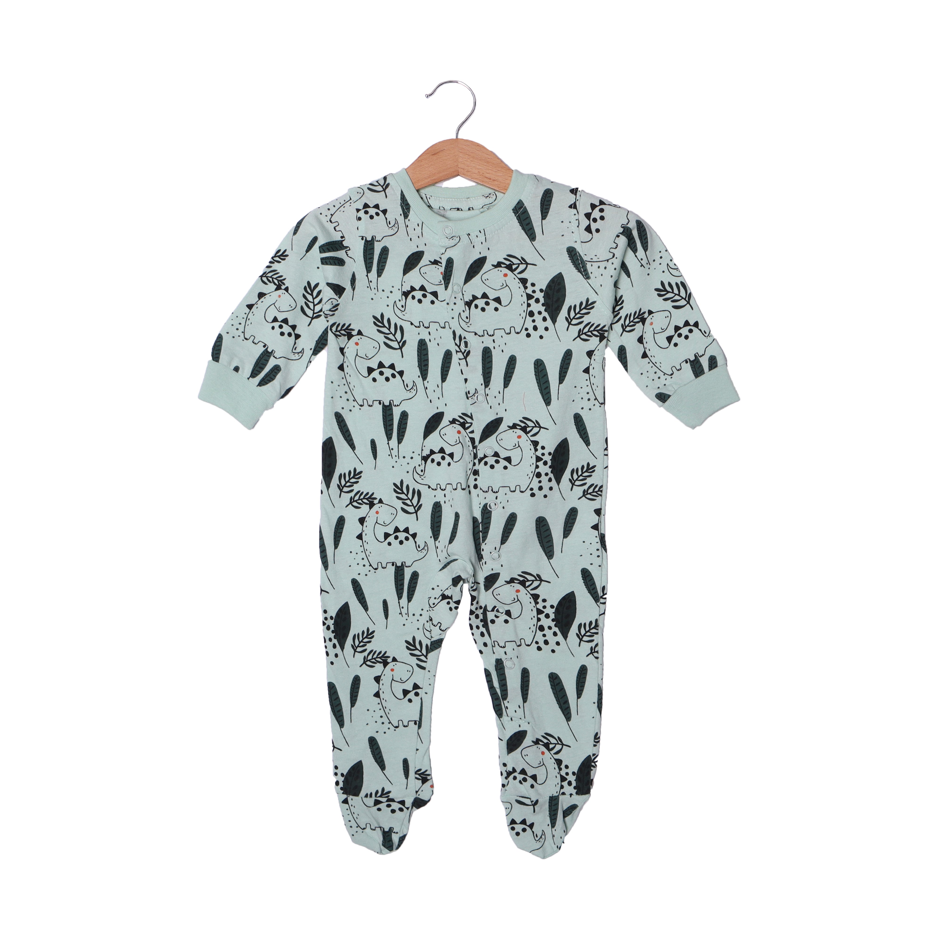 LIGHT GREEN DINO & LEAF PRINTED FULL BODY FULL SLEEVES ROMPERS Secondary image