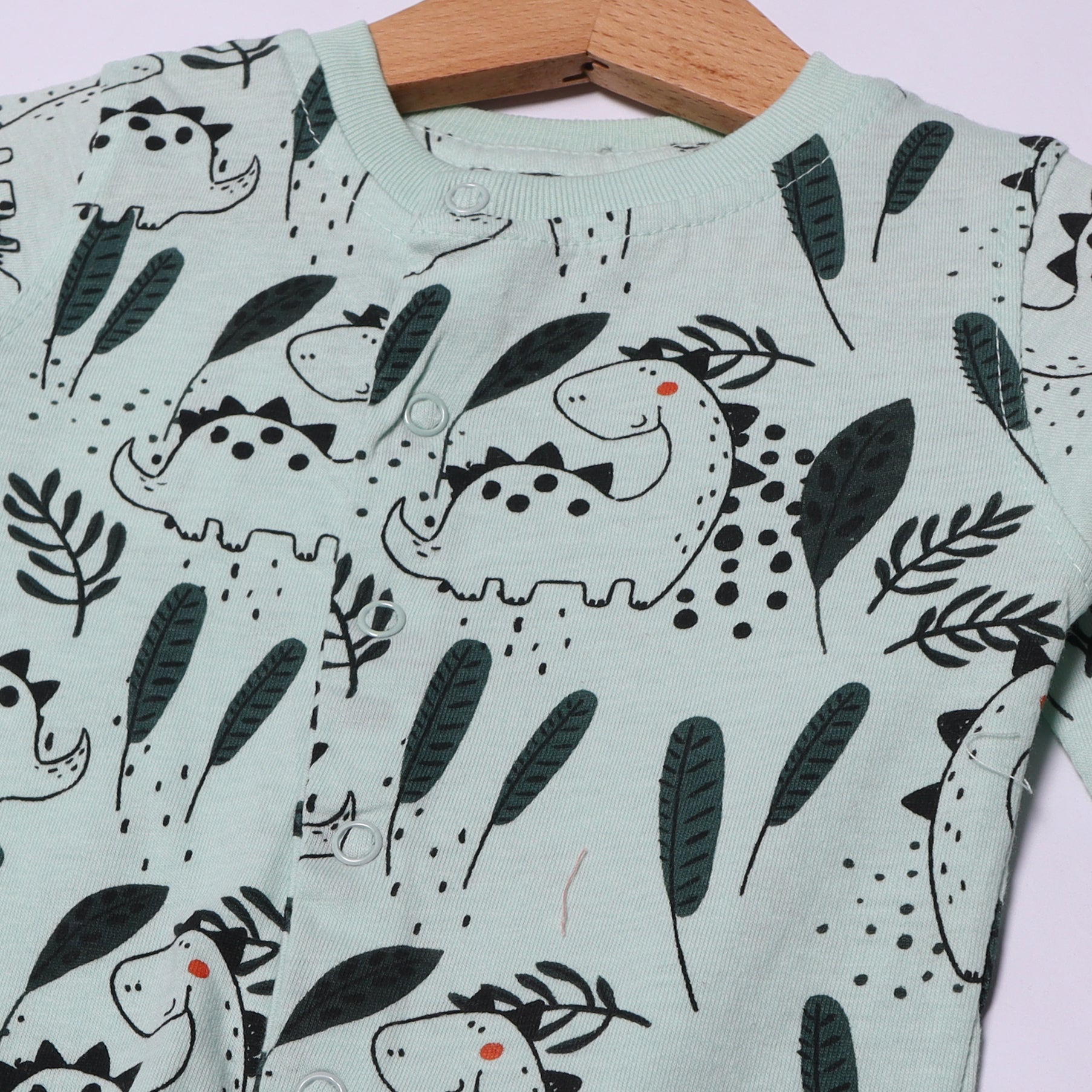LIGHT GREEN DINO & LEAF PRINTED FULL BODY FULL SLEEVES ROMPERS
