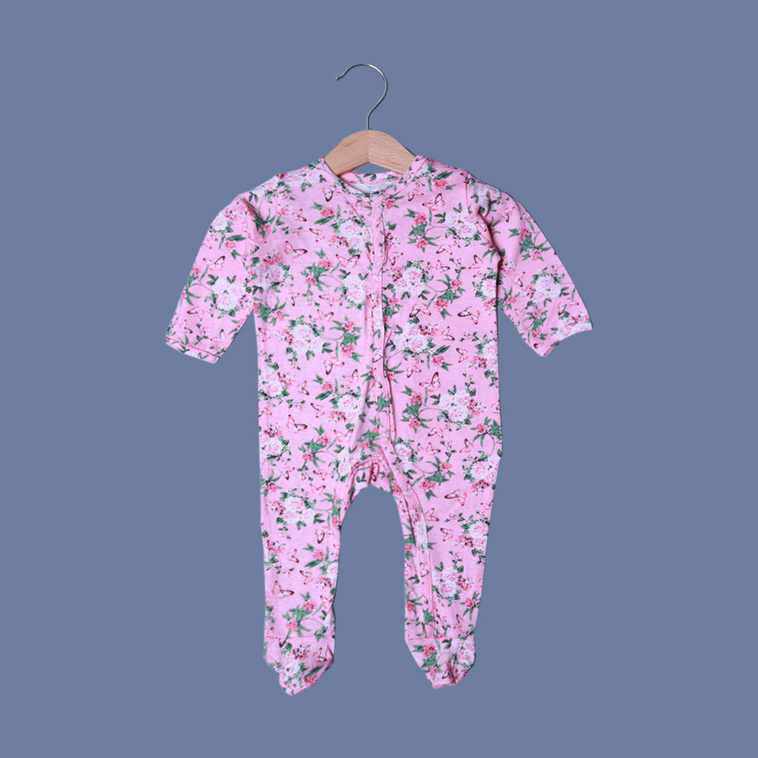 PINK BUTTERFLY & FLOWERS PRINT COTTON JERSY FABRIC FULL BODY FULL SLEEVES ROMPER