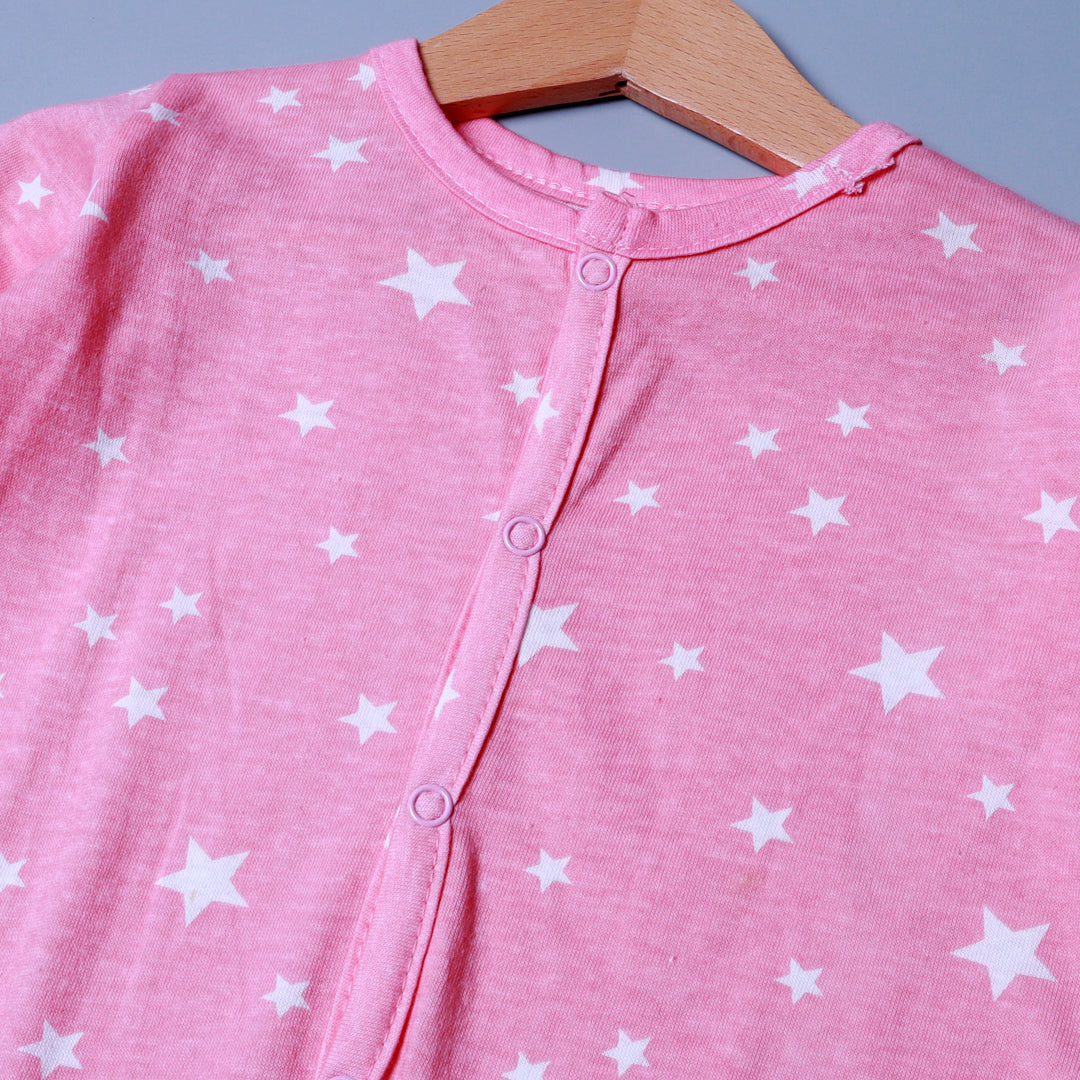 PINK STARS PRINT COTTON JERSY FABRIC FULL BODY FULL SLEEVES ROMPER