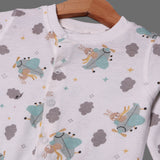 WHITE CLOUDS RABBIT ON PLANE PRINTED FULL BODY FULL SLEEVES ROMPERS