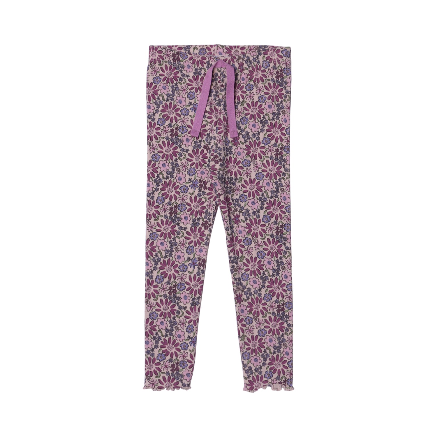 OFF WHITE MULTI FLOWERS WIITH PURPLE KNOT HEAVY RIBBED FABRIC PAJAMA