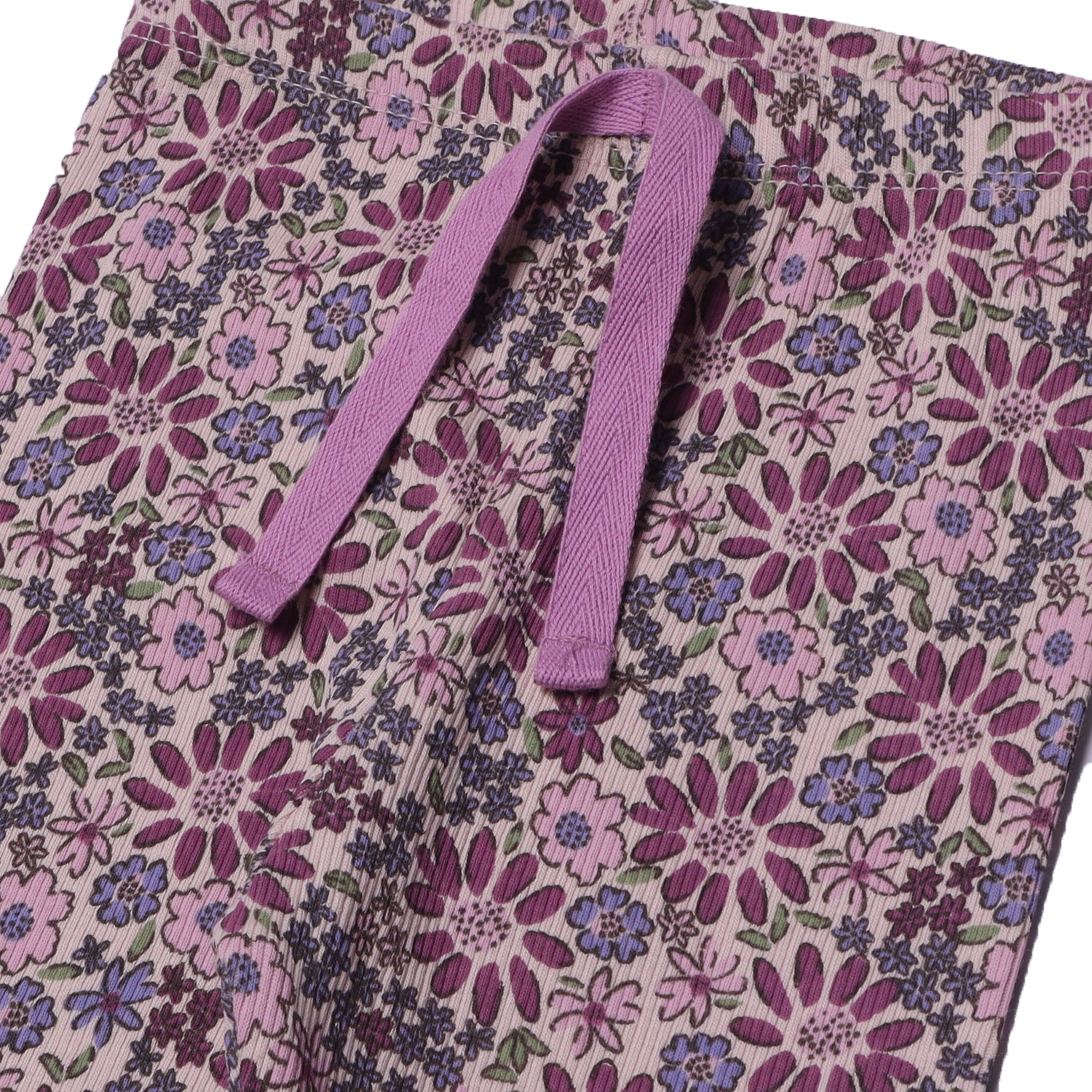 OFF WHITE MULTI FLOWERS WIITH PURPLE KNOT HEAVY RIBBED FABRIC PAJAMA