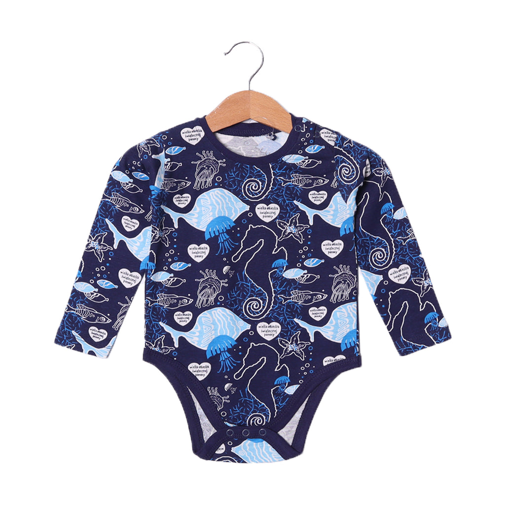 NAVY BLUE SEA ANIMALS PRINTED FULL SLEEVES HALF BODY ROMPER