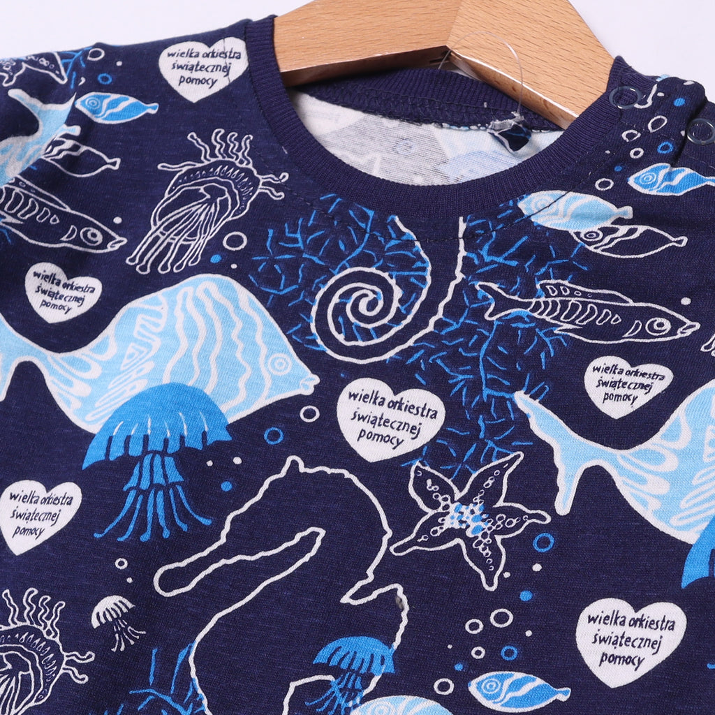 NAVY BLUE SEA ANIMALS PRINTED FULL SLEEVES HALF BODY ROMPER