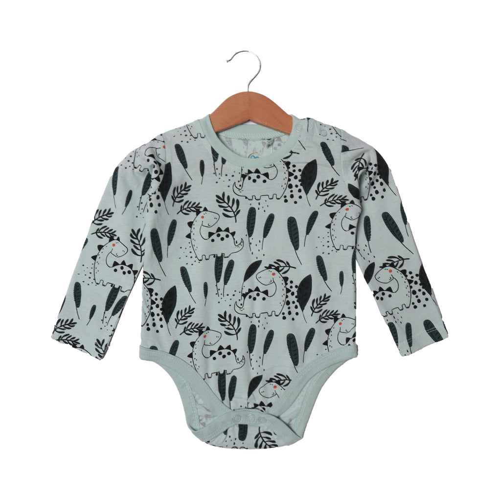 LIGHT GREEN DINO & LEAF PRINTED FULL SLEEVES HALF BODY ROMPER